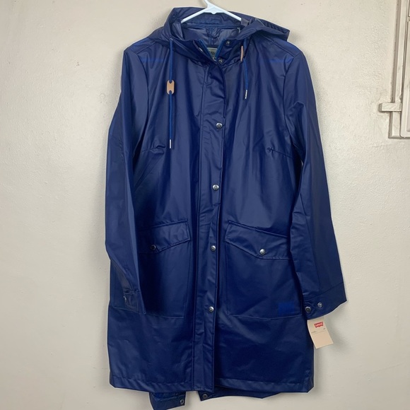 Levi's Blue Rain Jacket Trench Coat Hooded XS Long Line Snap Buttons Winter - Picture 4 of 7